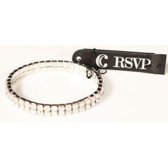Charming Charlie RSVP Shimmering Rhinestone Stretch Bracelet Silver Tone New - Picture 2 of 6